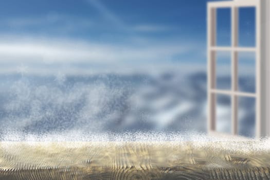Table top and blur abstract sky and mountain landscape background. Empty rustic wooden bright table top in front of abstract light blue winter landscape. Template for your product display montage.