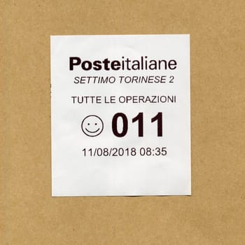SETTIMO TORINESE, ITALY - CIRCA AUGUST 2018: Poste Italiane (Italian post) ticket for queue management system