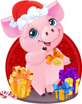 Yellow Earthy Pig for the New Year 2019. Cute Symbol of Chinese Horoscope. Cute little piglet with Christmas gifts wishes you joy and happy New Year.