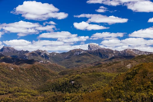 Donaghys Hill walk with Frenchmans Cap in the distance in Franklin-Gordon Wild Rivers National Park on a hot summer's day in Tasmania, Australia