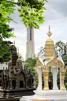 Close up shot of small temple model of buddhist spirit house in Bangkok, Thailand