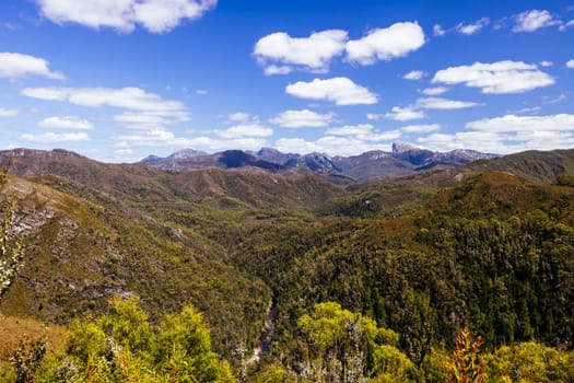 Donaghys Hill walk with Frenchmans Cap in the distance in Franklin-Gordon Wild Rivers National Park on a hot summer's day in Tasmania, Australia