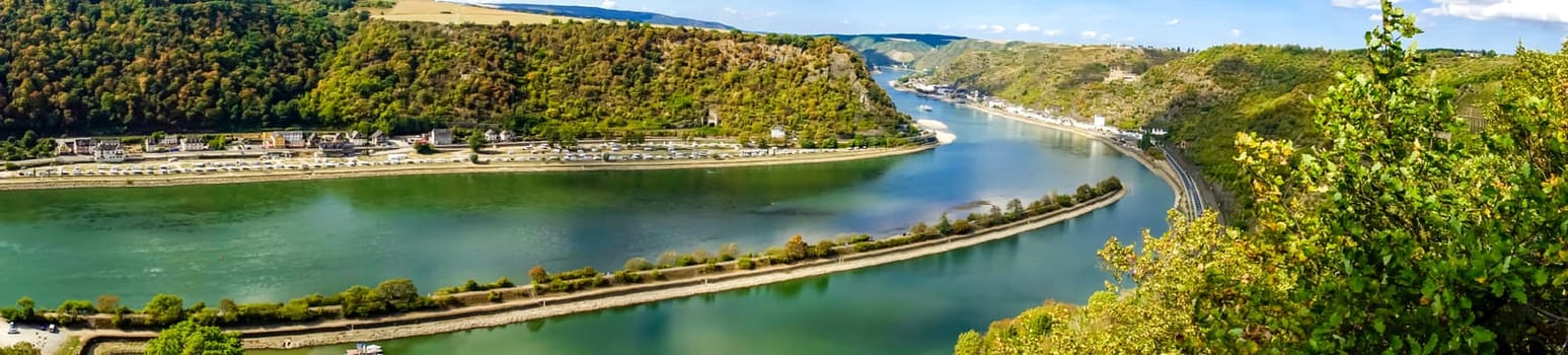 Panorama view to the river rhine from famous lorely in germany