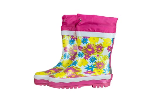 Children shoes and boots. Closeup of a pair pink rubber boots isolated on a white background. Kids shoes fashion.