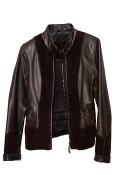 Leather jacket. Woman elegant brown leather jacket isolated on a white background. Women fashion.