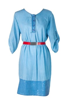 Woman spring summer dress. Women's blue jeans denim dress with a red belt isolated on a white background. Jeans fashion. Party and cocktail dresses.