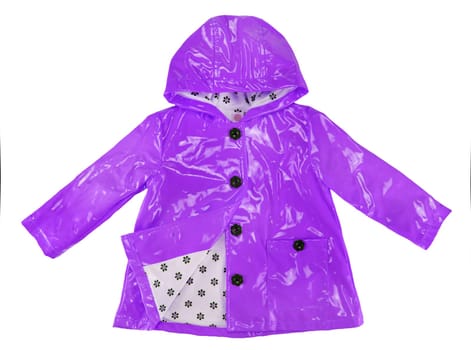 Rain jacket. Girls elegant purple rain jacket isolated on a white background. Fashion for rain season.