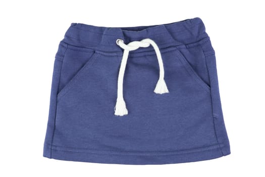 Girls clothes. Girls blue skirt with white linen twine isolated on a white background. Kids fashion.