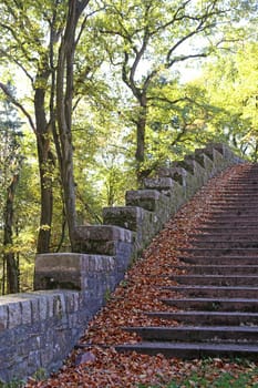 Staircase with autumn leaves at the Thingstätte on the Heiligenberg near Heidelberg