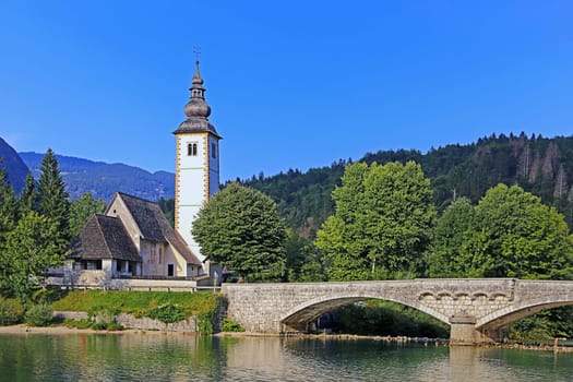 Famous church of St John the Baptist in Ribcev Laz at the head of Lake Bohinj