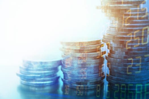 Double exposure stock financial indices with stack coin. Financial stock market in accounting market economy analysis.