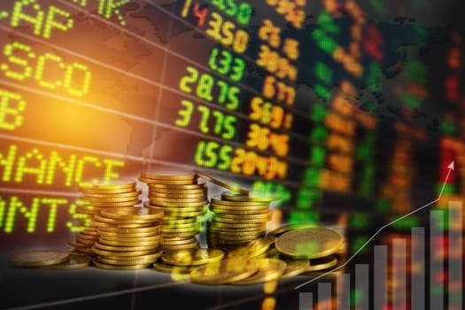 Double exposure stock financial indices with stack coin. Financial stock market in accounting market economy analysis.