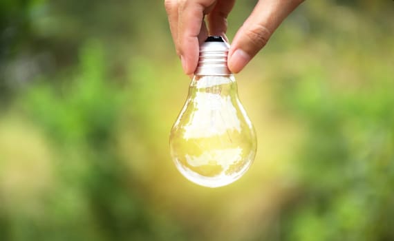 Hand of person holding light bulb for idea or success or solar energy concept.