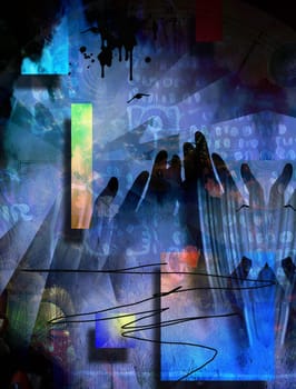 Abstract painting with hands and blueprint on the background