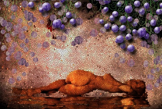 Woman and grape bunches. Mosaic pattern