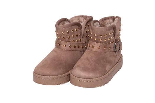 Winter boots. A pair brown suede leather winter boots and lined with fur.  Isolated on a white background. Shoe fashion new collection winter 2018 to 2019.