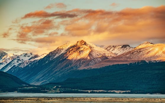 Snowcapped Mt. Cook Peak during Sunset in Mt. Cook National Park, magnificent rugged mountain with snow and ice, South Island, New Zealand