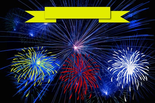 Holiday celebration card for the new year. Fireworks flames carnival event background.