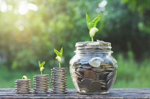 Saving money concept with money coin stack growing for business. financial and accounting concept.