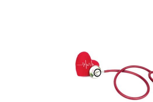 Red stethoscope with heart isolated on white background and copy space for insert text.