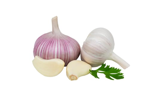 Fresh garlic and leaves isolated on white background.