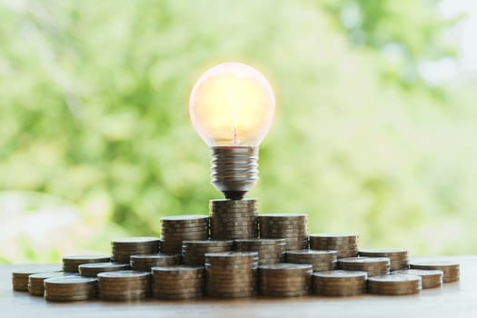 Energy saving light bulb and tree growing on stacks of coins on nature background. Saving, accounting and financial concept.