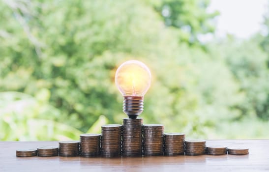 Energy saving light bulb and tree growing on stacks of coins on nature background. Saving, accounting and financial concept.