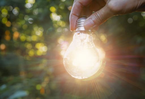 Hand holding light bulbs with glowing on nature background. Idea, creativity and saving energy with light bulbs concept.