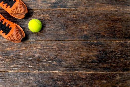 concept preparing to fitness sports equipment top view on wooden background with copy space for insert text.