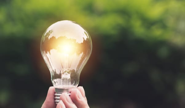 Hand holding light bulbs with glowing on nature background. Idea, creativity and saving energy with light bulbs concept.