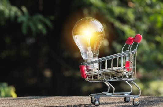 Energy saving light bulb with coins and shopping cart for saving, financial and shopping concept.