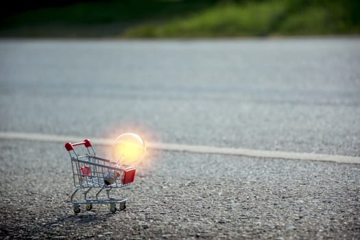 Energy saving light bulb with coins and shopping cart for saving, financial and shopping concept.