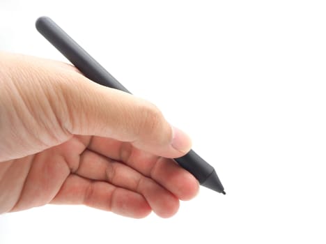 Hand holding a pen mouse, digital pen isolated on a white background.