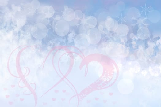 Abstract festive blur bright blue pastel background with pink hearts love bokeh for wedding card or Valentine‘s day.  Romantic textured backdrop with space for your design. Card concept.