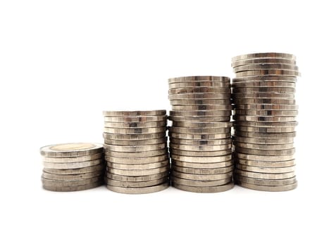 Saving money concept with money coin stack isolated on white background. Financial and accounting concept.