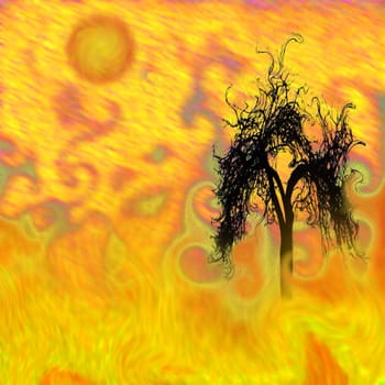 Abstract composition. Black tree on yellow background