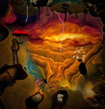 Surreal symbolic composition. Puzzle face man, egg shape with question mark, and liquid dripping, while another has ideas floats above in light bulbs.