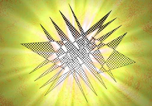 Abstract triangles figures and shining rays of light at the background. 3D rendering