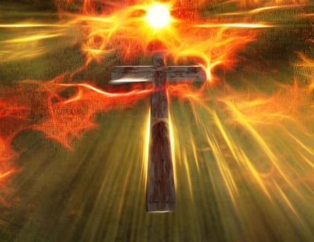 Cross hangs in sky. Shining light
