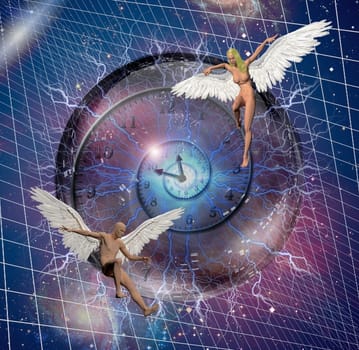 Figures of man and woman with angel wings. Spiral of time.