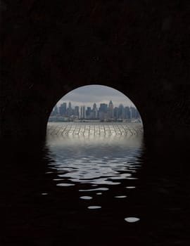 City seen from tunnel opening
