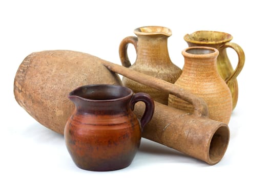 Clay pots, old ceramic vases on white background
