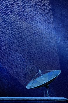 Conceptual image of a satellite dish antenna over night sky with abstract light manipulation and binary code