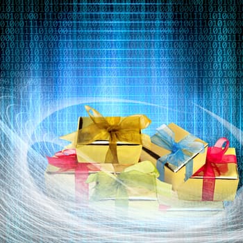 conceptual internet business illustration of binary code and shiny gift boxes