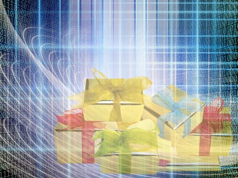 conceptual internet business illustration of binary code and shiny gift boxes