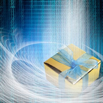 conceptual internet business illustration of binary code and shiny gift box
