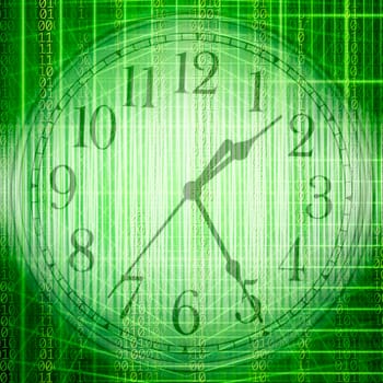 conceptual technology and time image of binary code with clock and abstract lights