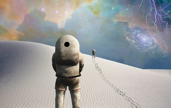 Astronauts stands in surreal white desert. Lightning in starry sky.