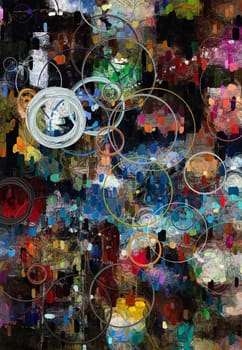 Abstract painting. Paint drops and colorful rings