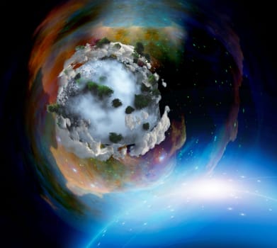 Abstract exoplanet. Nebulae, stars, galaxies. Vivid colors.